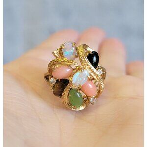 Vintage Gold Tone Opal Tigers Eye Onyx Cluster Statement Ring Size 4